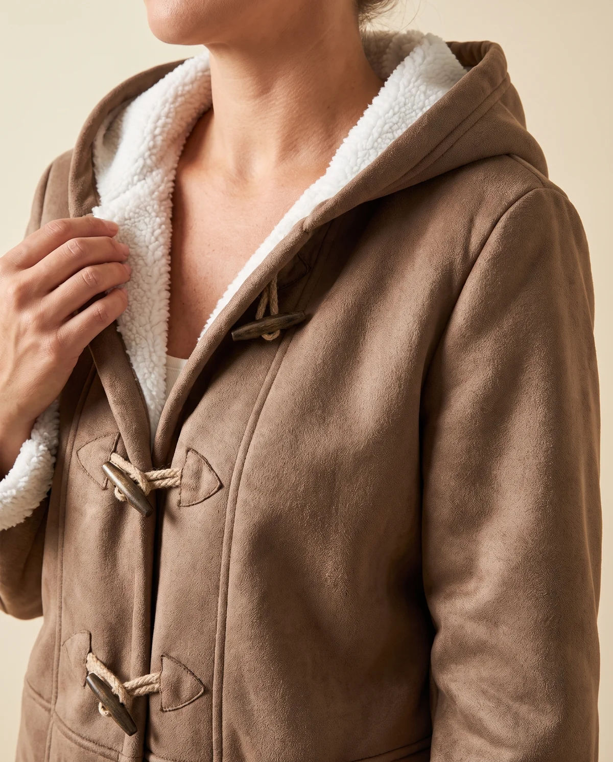 Faux Suede Sherpa-Lined Duffle Coat in Mocha, close-up of the detail