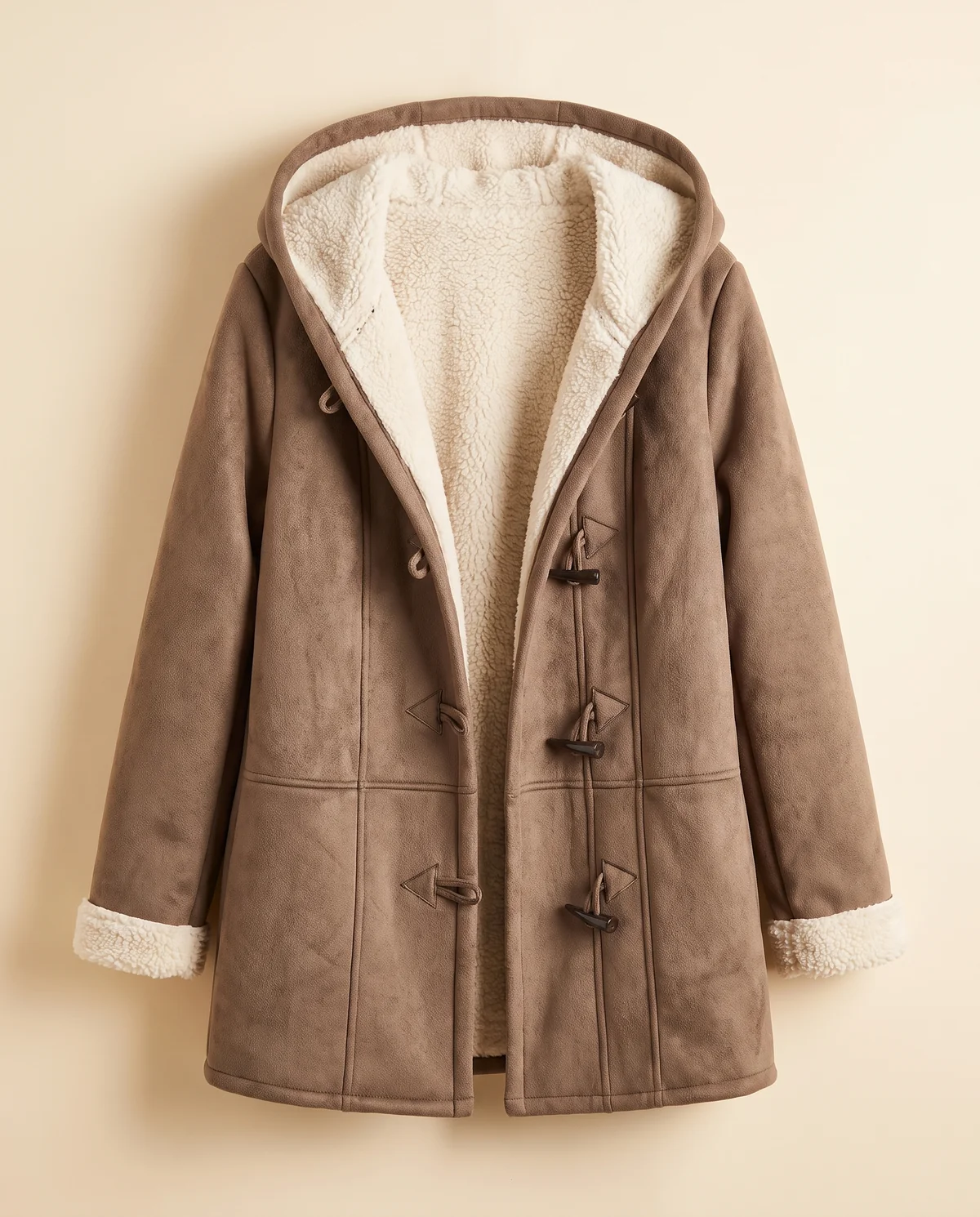 Faux Suede Sherpa-Lined Duffle Coat in Mocha, product shot on a plain background