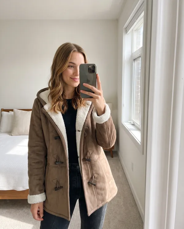 Satin Eve styling: Faux Suede Sherpa-Lined Duffle Coat