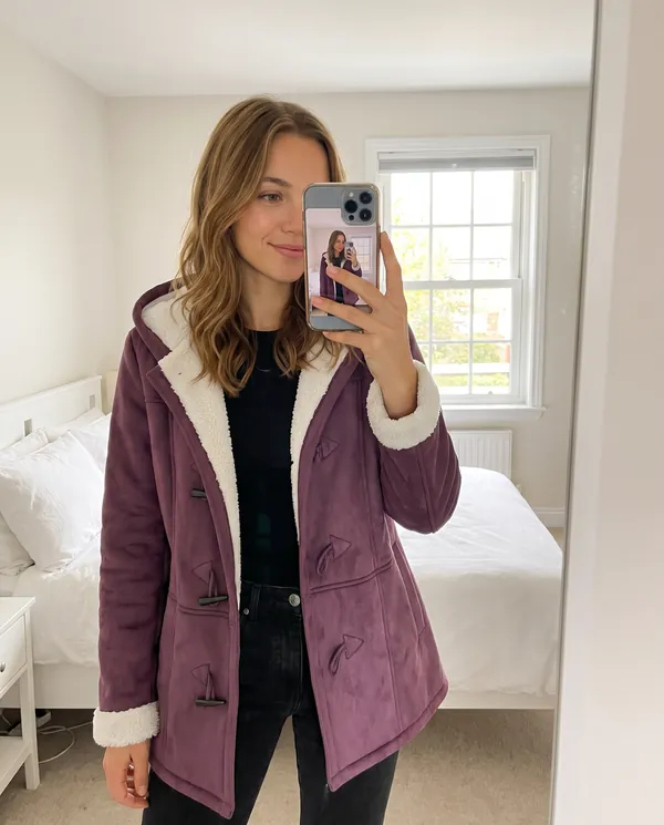 Satin Eve styling: Faux Suede Sherpa-Lined Duffle Coat