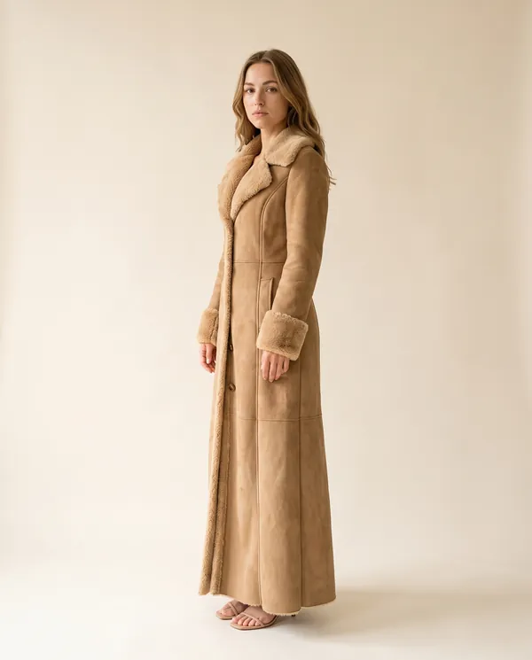 Faux Suede Shearling-Trim Long Coat in Tan, side view, worn by Ava
