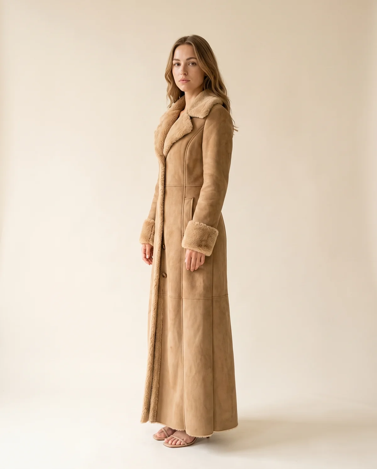 Faux Suede Shearling-Trim Long Coat in Tan, side view, worn by Ava
