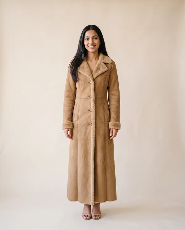 Faux Suede Shearling-Trim Long Coat in Tan, front view, worn by Priya