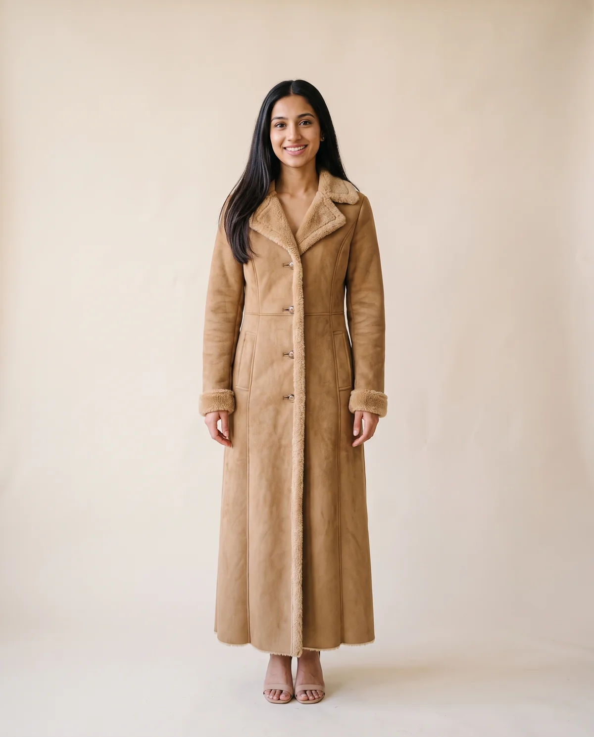 Faux Suede Shearling-Trim Long Coat in Tan, front view, worn by Priya