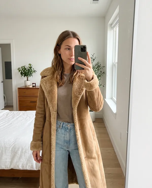 Satin Eve styling: Faux Suede Shearling-Trim Long Coat