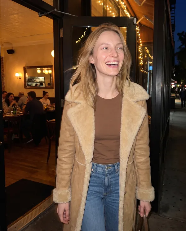 Satin Eve styling: Faux Suede Shearling-Trim Long Coat