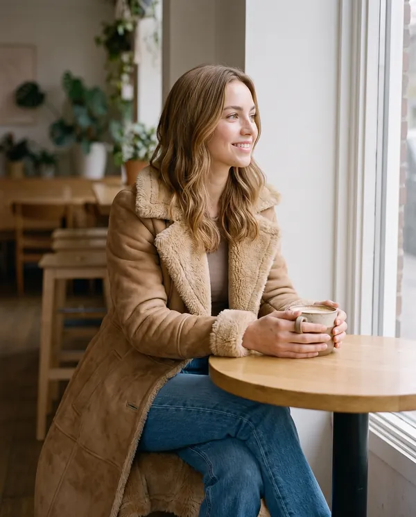 Satin Eve styling: Faux Suede Shearling-Trim Long Coat