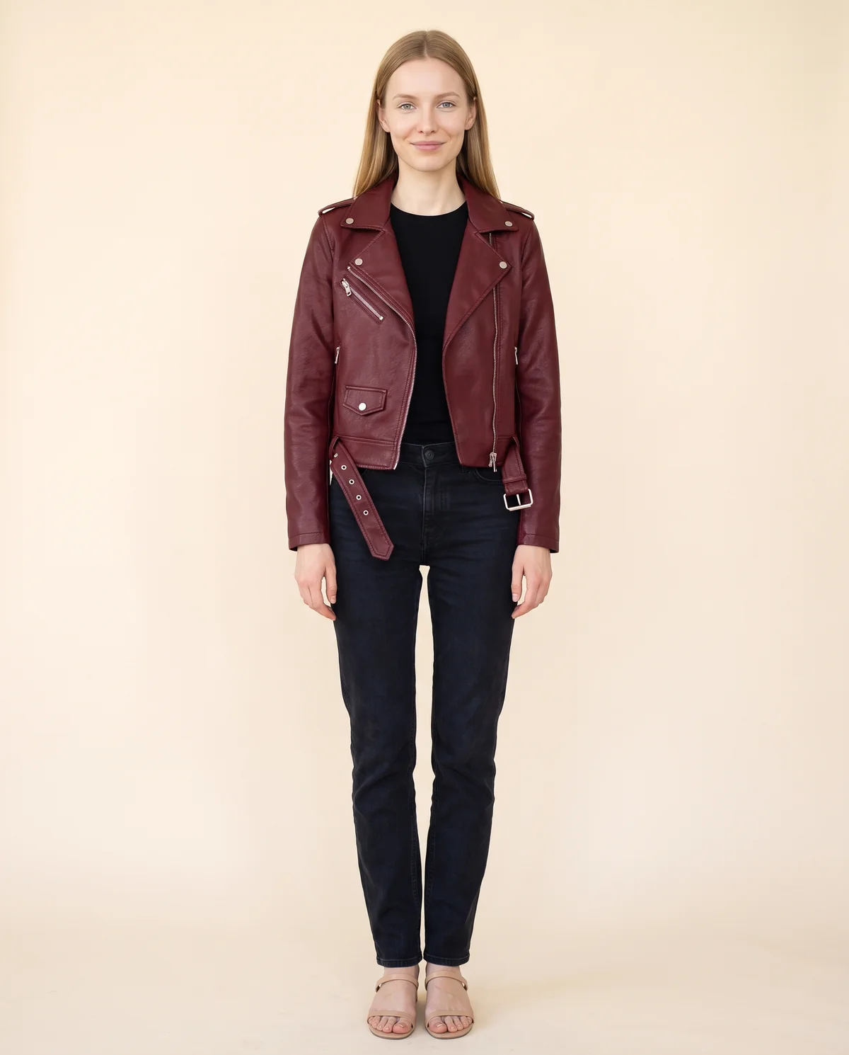 Faux Leather Belted Biker Jacket in Burgundy, front view, worn by Maya