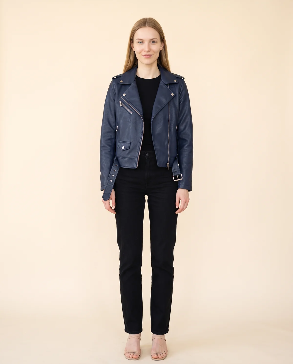 Faux Leather Belted Biker Jacket in Navy, front view, worn by Maya