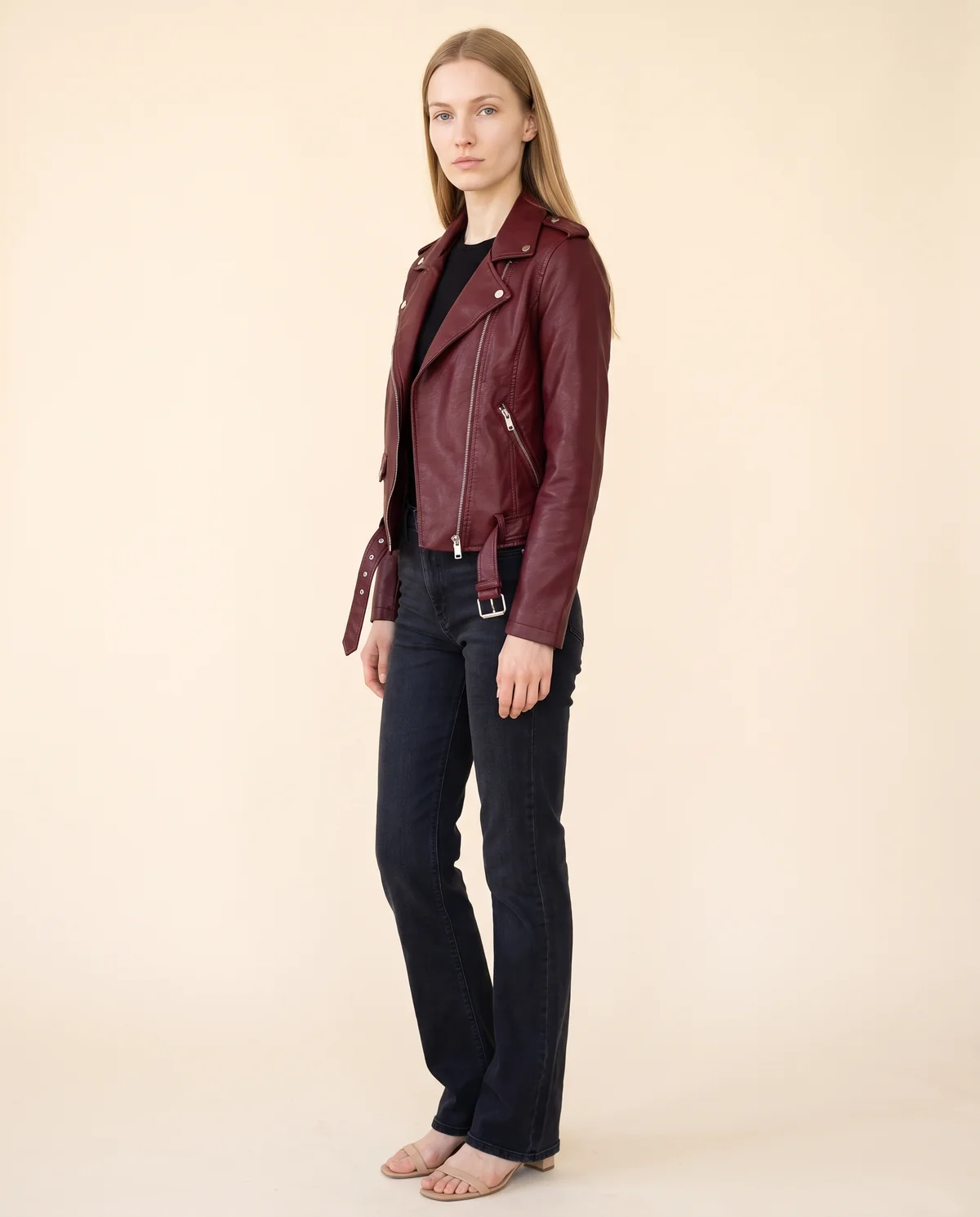 Faux Leather Belted Biker Jacket in Burgundy, side view, worn by Maya