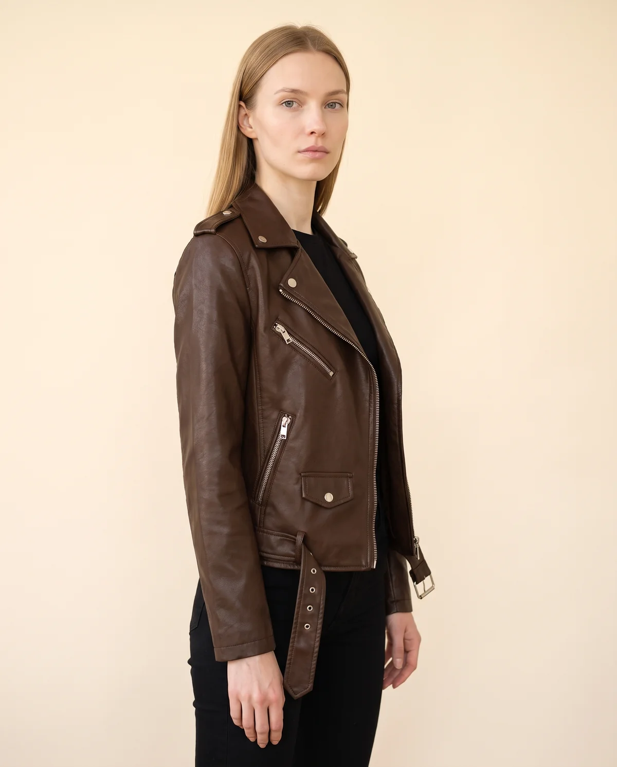 Faux Leather Belted Biker Jacket in Chocolate, side view, worn by Maya