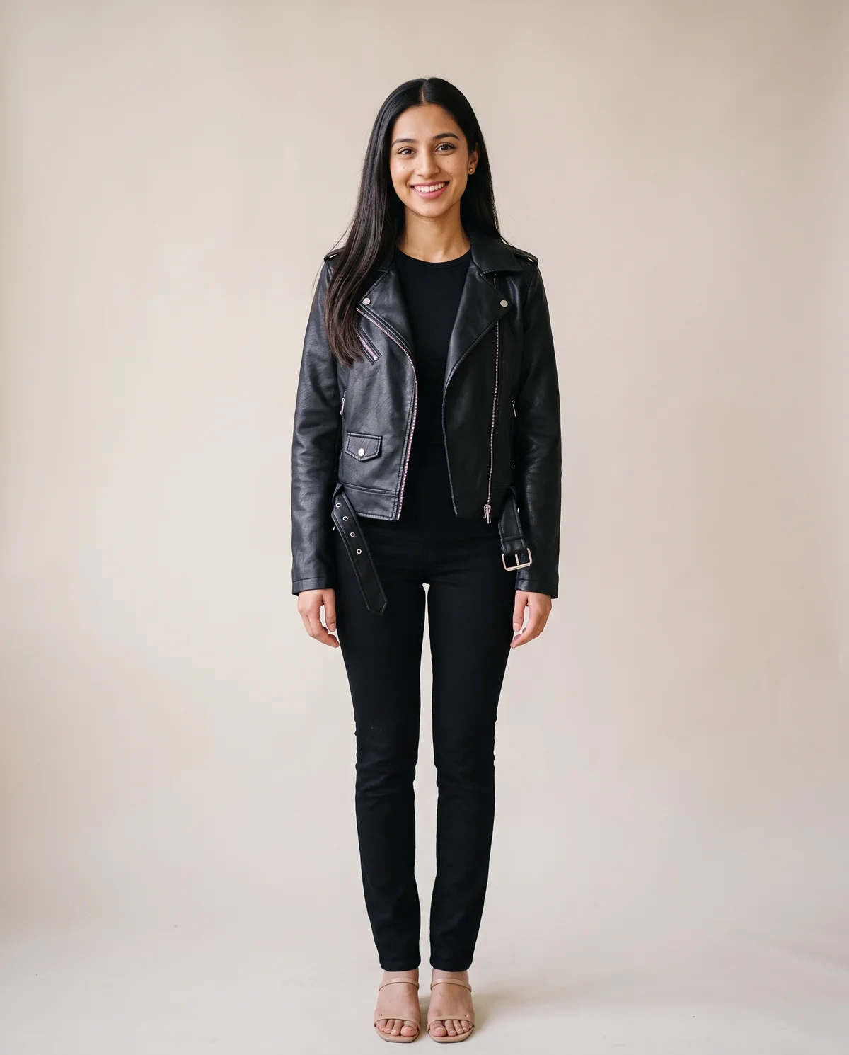 Faux Leather Belted Biker Jacket in Black, front view, worn by Priya