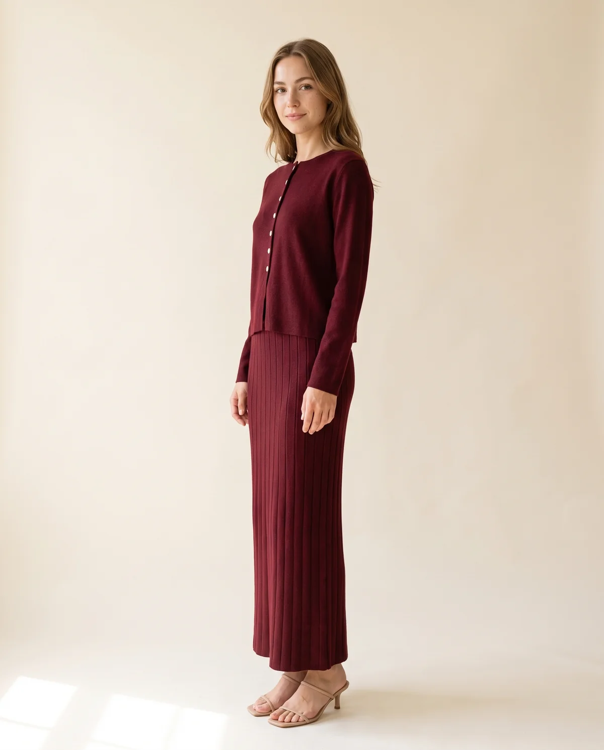 Button Cardigan and Ribbed Midi Skirt Set in Burgundy, side view, worn by Ava