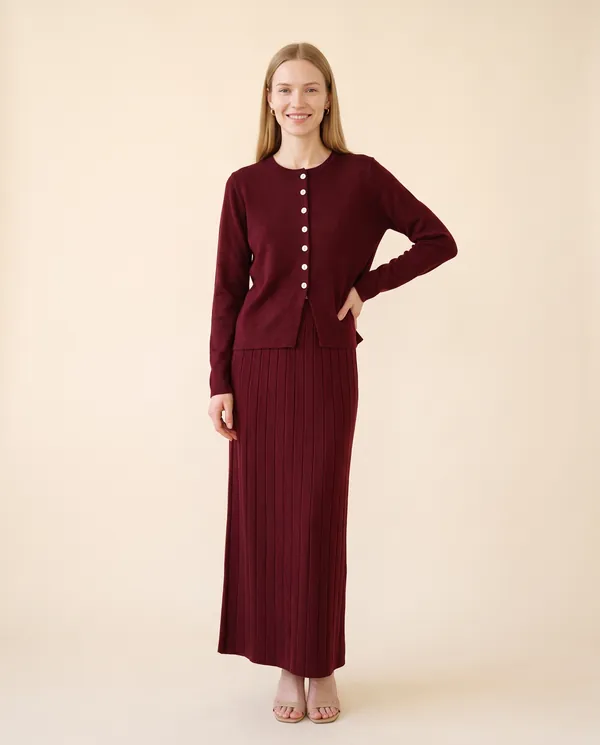 Button Cardigan and Ribbed Midi Skirt Set in Burgundy, front view, worn by Maya