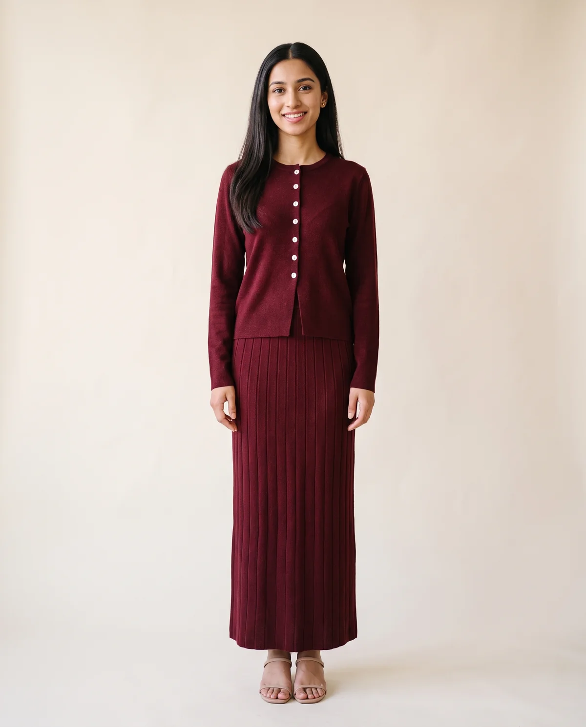 Button Cardigan and Ribbed Midi Skirt Set in Burgundy, front view, worn by Priya