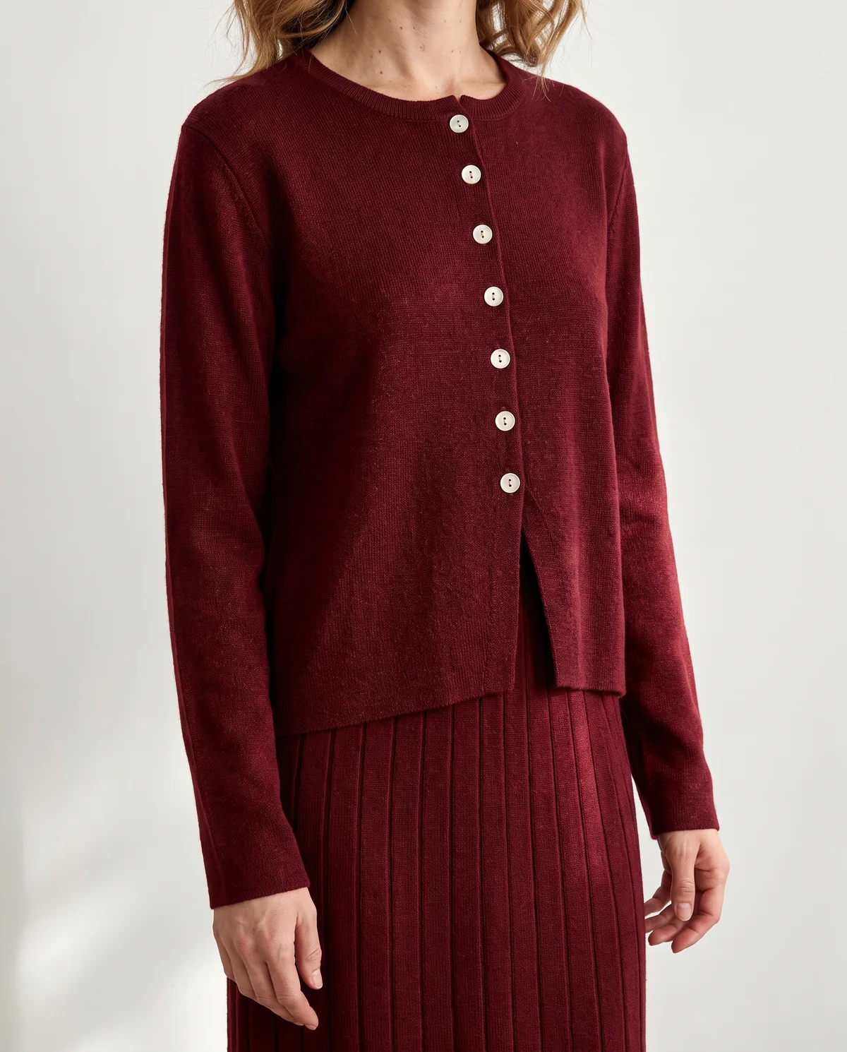 Button Cardigan and Ribbed Midi Skirt Set in Burgundy, close-up of the detail