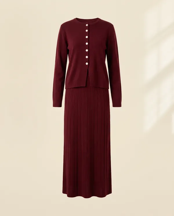 Button Cardigan and Ribbed Midi Skirt Set in Burgundy, product shot on a plain background