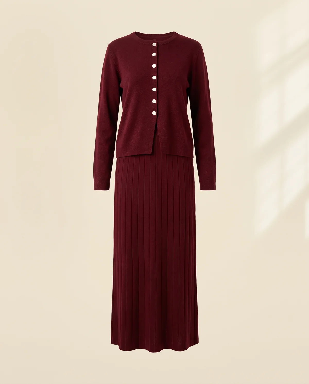 Button Cardigan and Ribbed Midi Skirt Set in Burgundy, product shot on a plain background