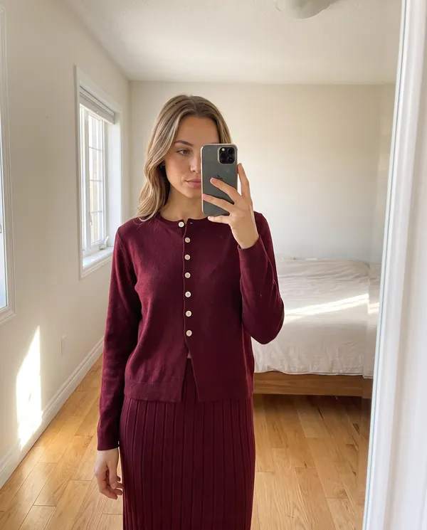 Satin Eve styling: Button Cardigan and Ribbed Midi Skirt Set