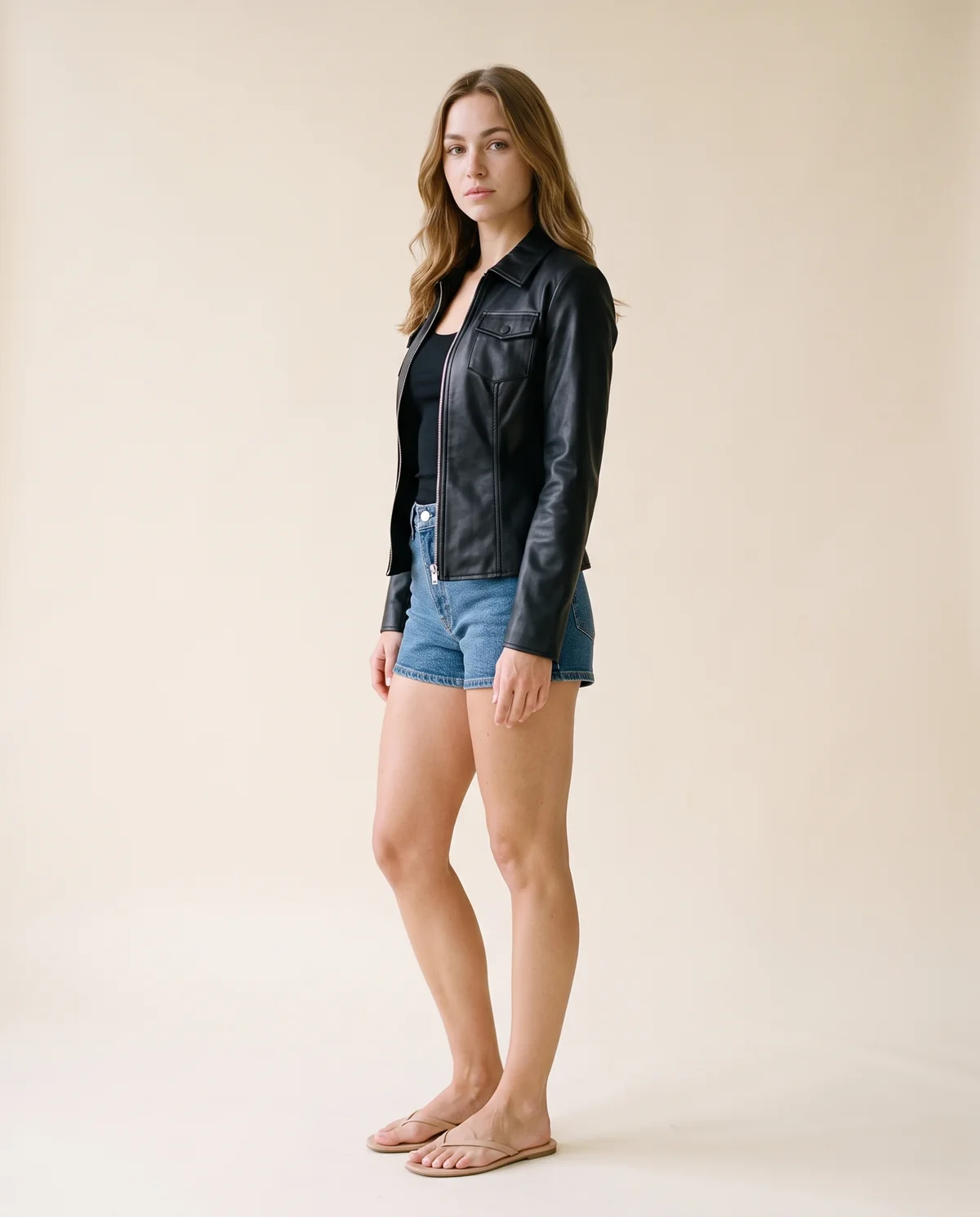 Faux Leather Fitted Zip Shacket in Black, side view, worn by Ava