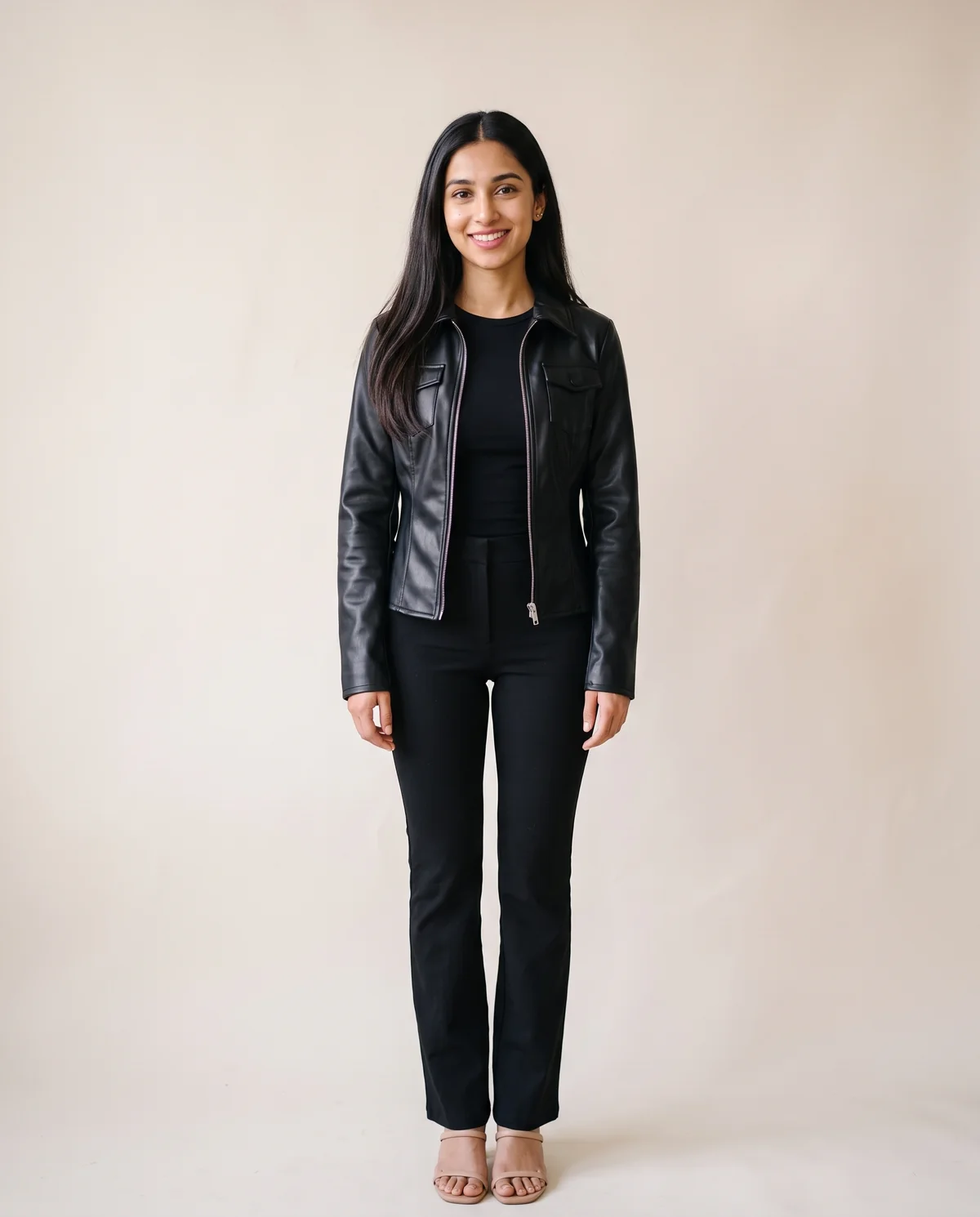 Faux Leather Fitted Zip Shacket in Black, front view, worn by Priya