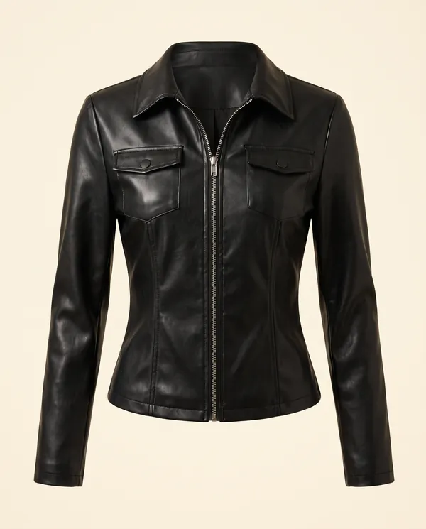 Faux Leather Fitted Zip Shacket in Black, product shot on a plain background