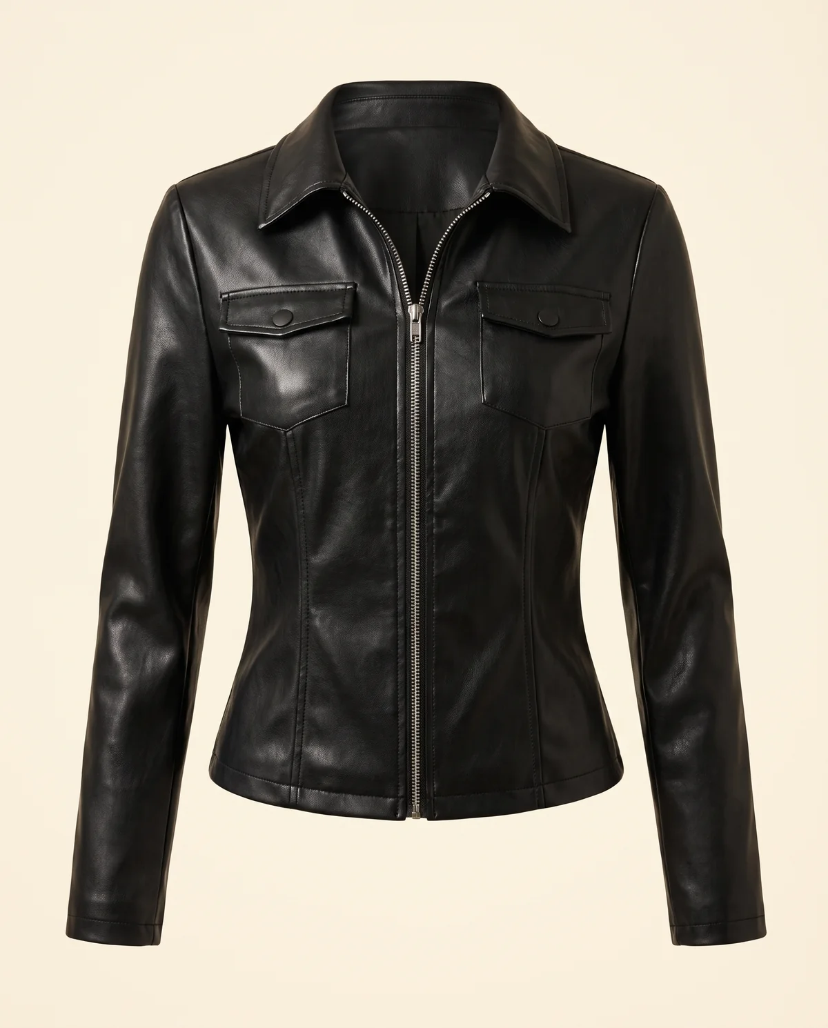 Faux Leather Fitted Zip Shacket in Black, product shot on a plain background