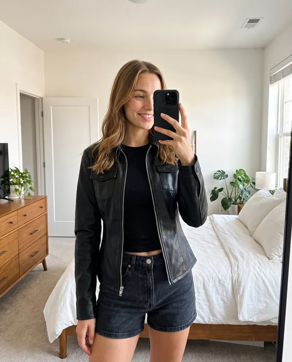 Satin Eve styling: Faux Leather Fitted Zip Shacket