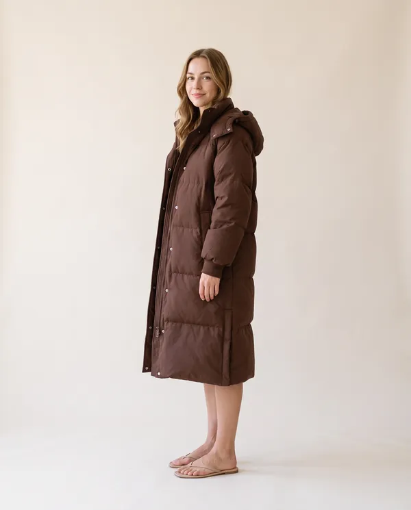 Long Hooded Puffer Coat in Chocolate, side view, worn by Ava
