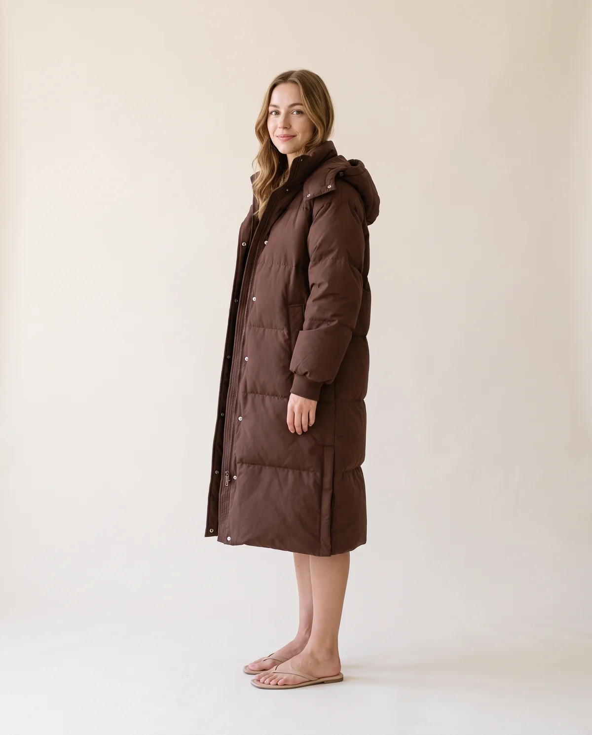 Long Hooded Puffer Coat in Chocolate, side view, worn by Ava