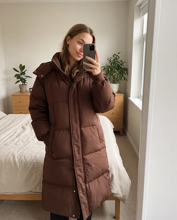 Satin Eve styling: Long Hooded Puffer Coat