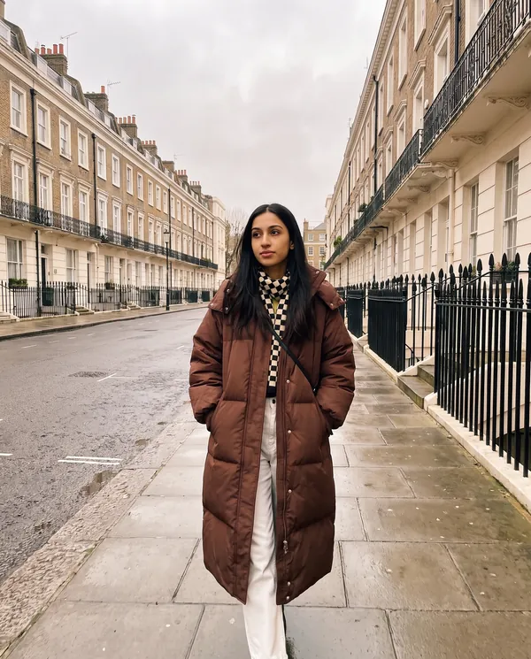 Satin Eve styling: Long Hooded Puffer Coat