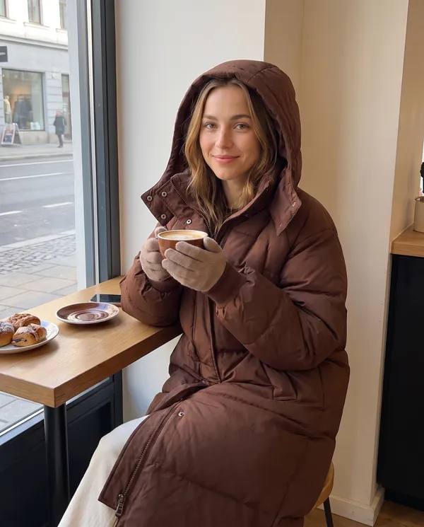 Satin Eve styling: Long Hooded Puffer Coat