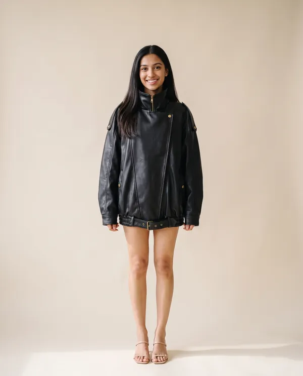Faux Leather Oversized Belted-Hem Moto Jacket in Black, front view, worn by Priya