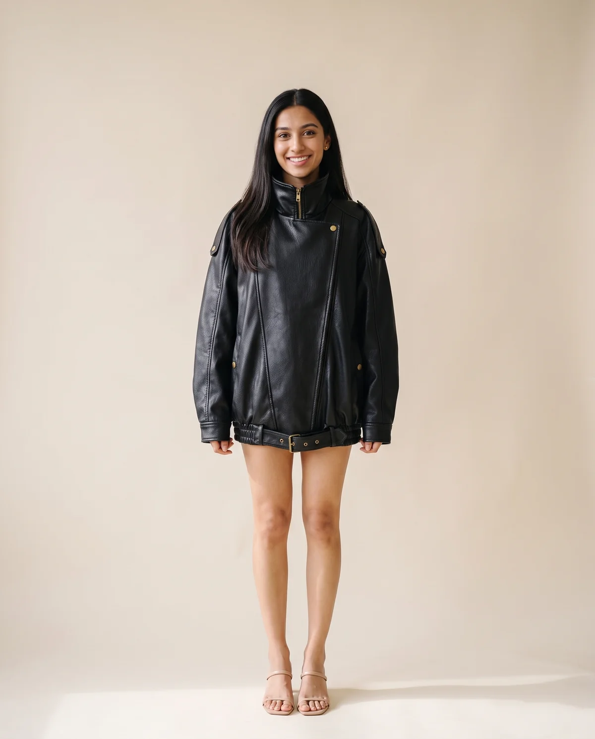 Faux Leather Oversized Belted-Hem Moto Jacket in Black, front view, worn by Priya