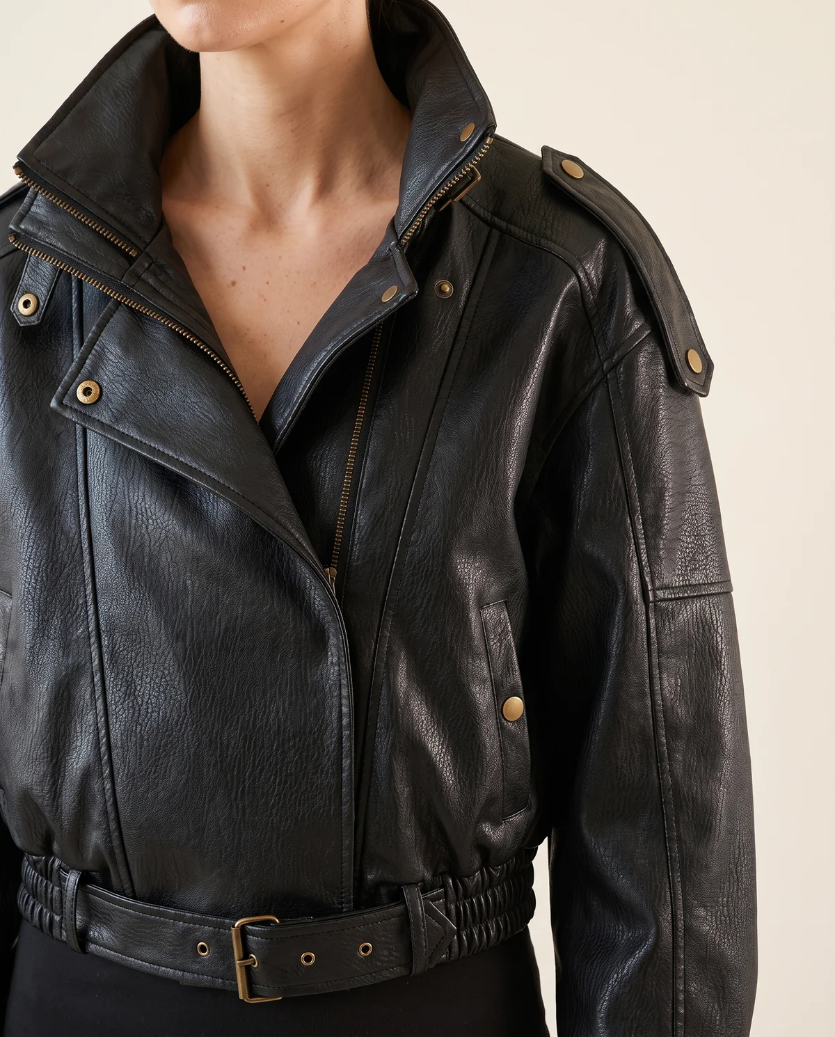Faux Leather Oversized Belted-Hem Moto Jacket in Black, close-up of the detail