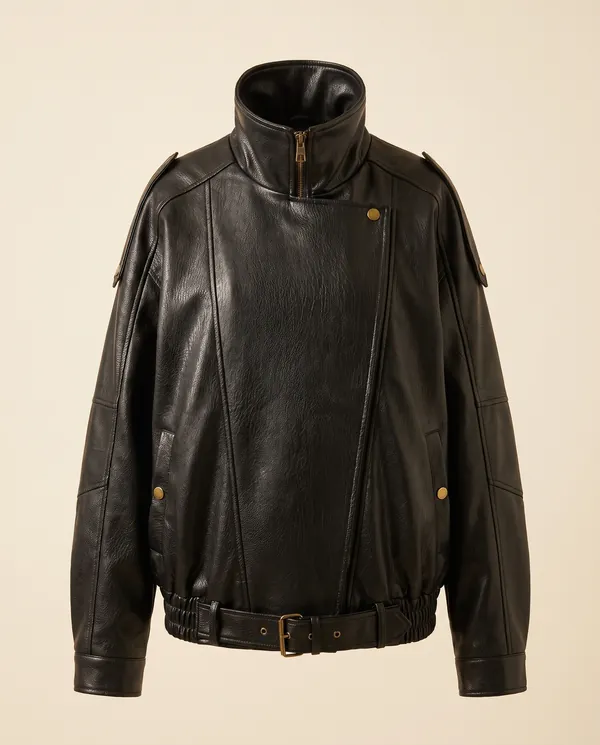 Faux Leather Oversized Belted-Hem Moto Jacket in Black, product shot on a plain background