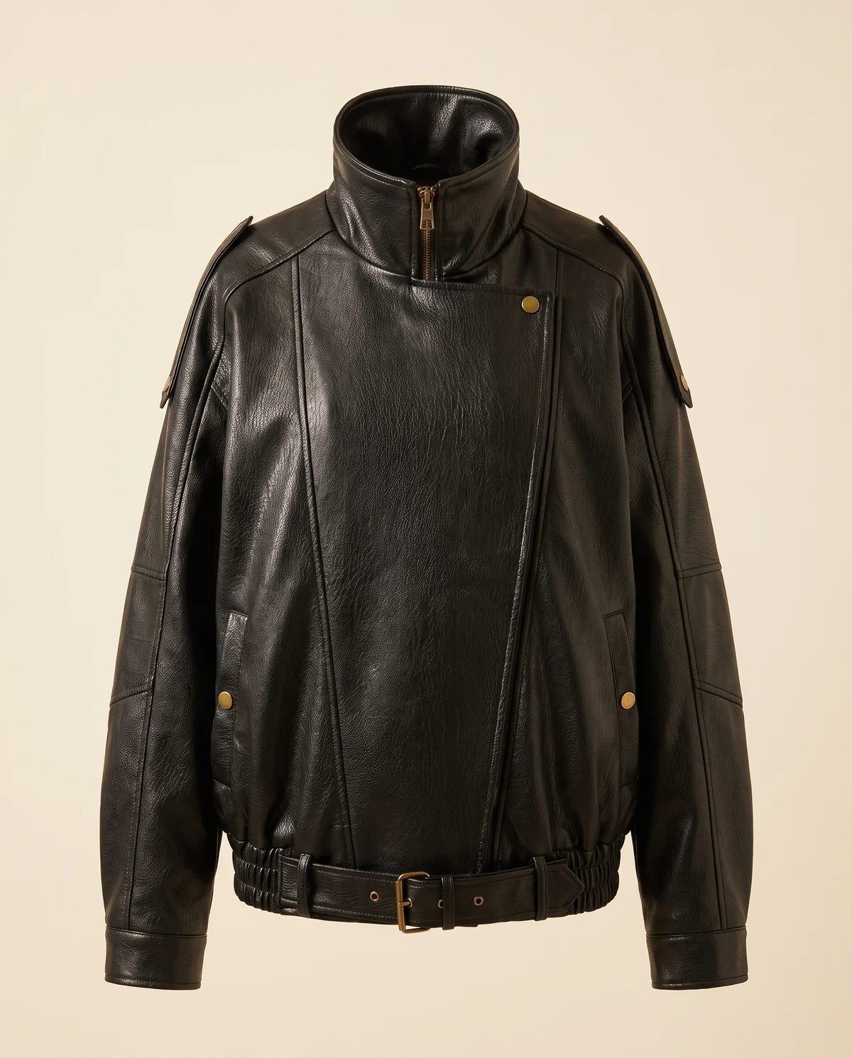 Faux Leather Oversized Belted-Hem Moto Jacket in Black, product shot on a plain background