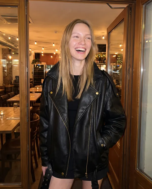 Satin Eve styling: Faux Leather Oversized Belted-Hem Moto Jacket
