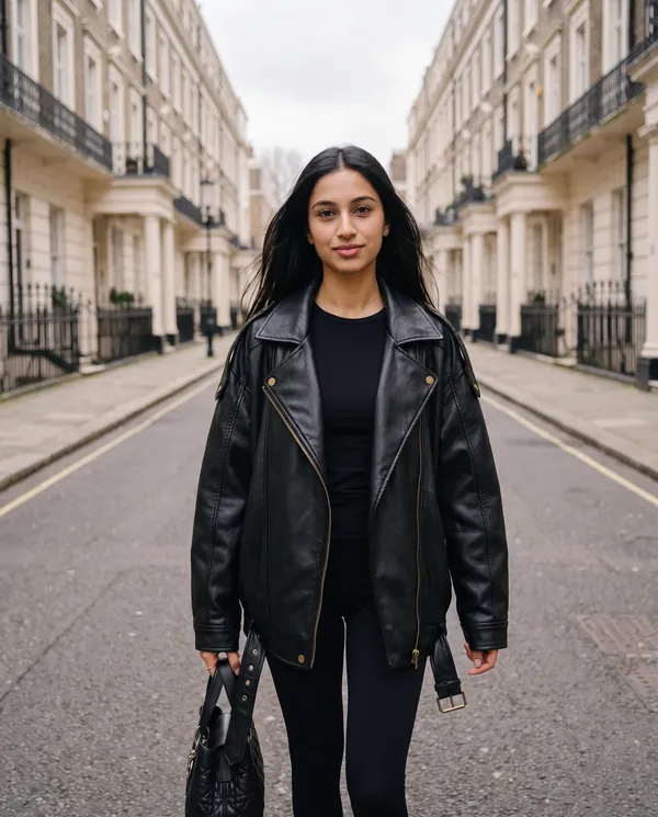 Satin Eve styling: Faux Leather Oversized Belted-Hem Moto Jacket