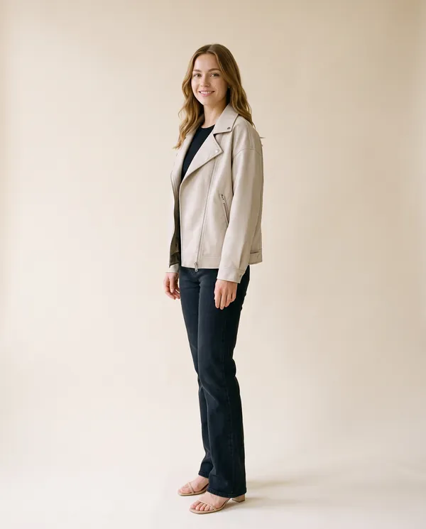 Faux Leather Relaxed Lapel Biker Jacket in Stone, side view, worn by Ava