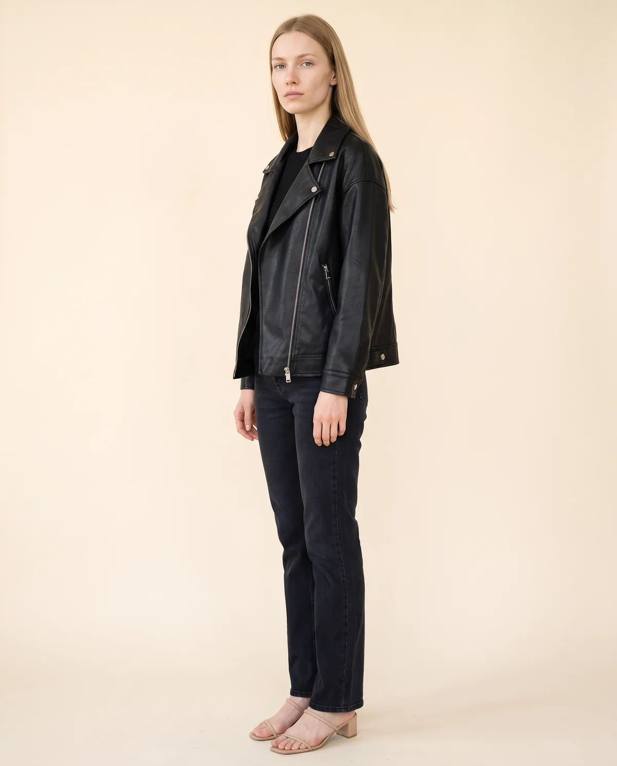 Faux Leather Relaxed Lapel Biker Jacket in Black, side view, worn by Maya