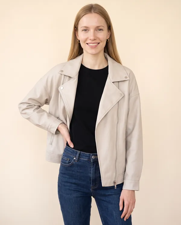 Faux Leather Relaxed Lapel Biker Jacket in Stone, front view, worn by Maya