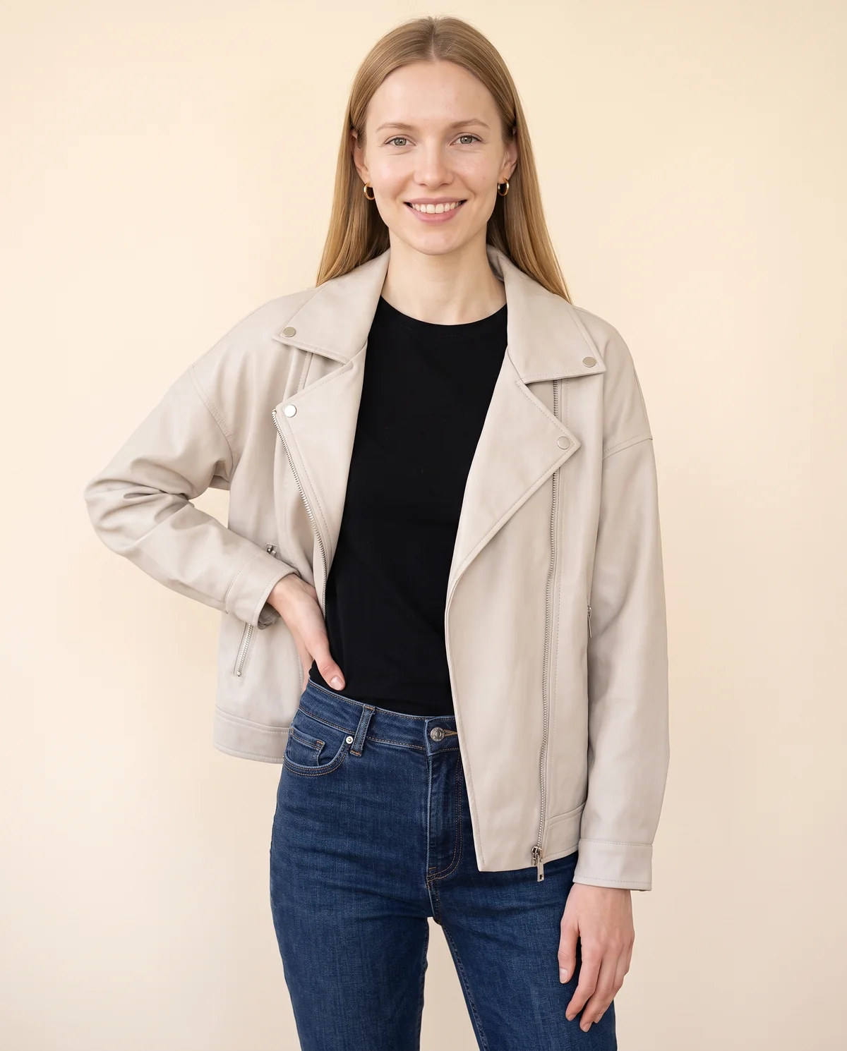 Faux Leather Relaxed Lapel Biker Jacket in Stone, front view, worn by Maya