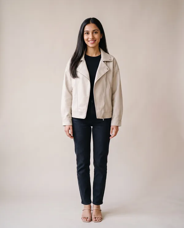 Faux Leather Relaxed Lapel Biker Jacket in Stone, front view, worn by Priya