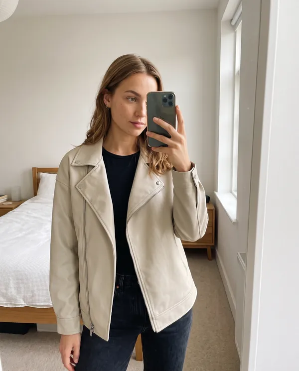 Satin Eve styling: Faux Leather Relaxed Lapel Biker Jacket