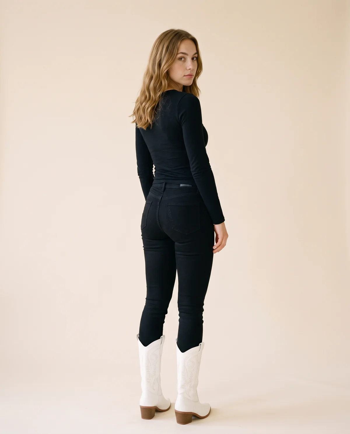 Embroidered Western Boot in White, back view, worn by Ava
