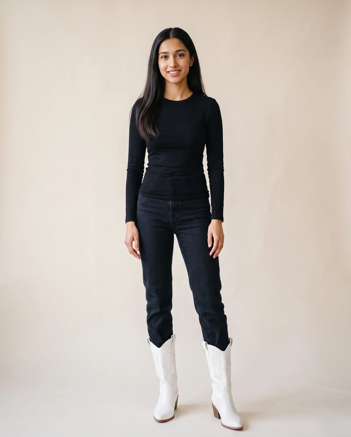 Embroidered Western Boot in White, front view, worn by Priya