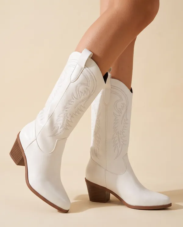 Embroidered Western Boot in White, close-up of the detail