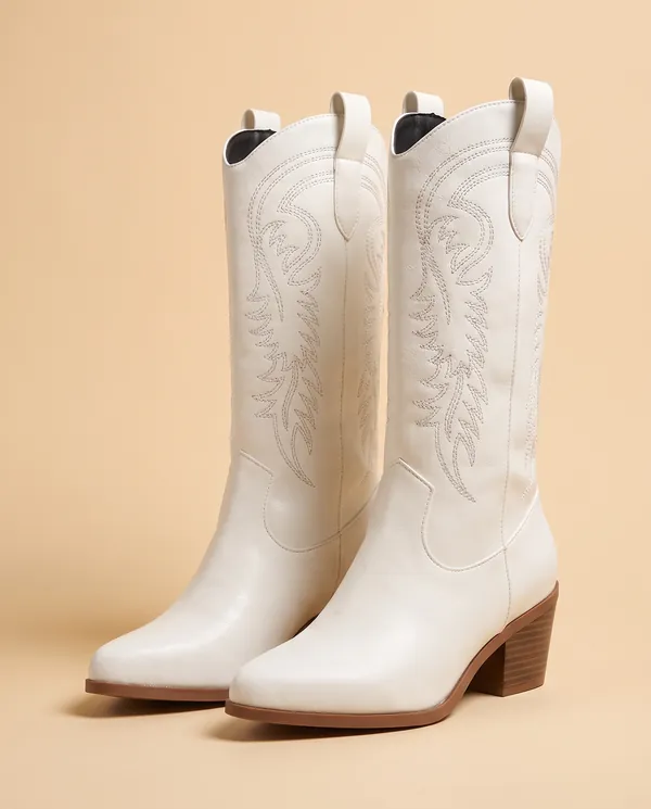 Embroidered Western Boot in White, product shot on a plain background